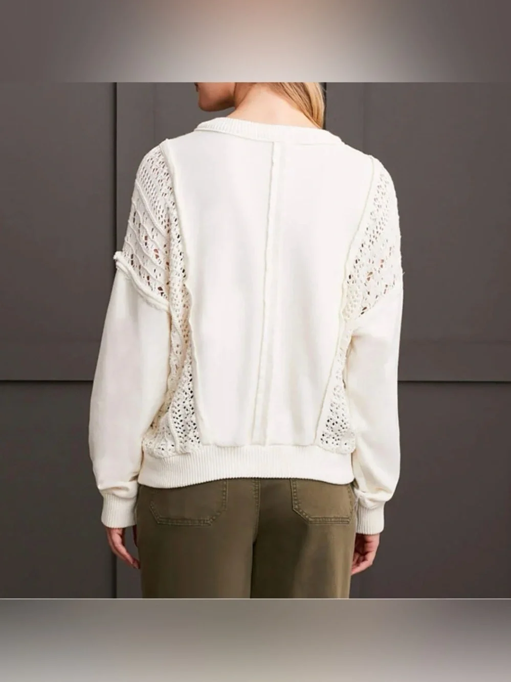 Tribal Jeans Cream Mixed Media Crochet Knit Detail Pullover Sweater Size XL - Picture 2 of 13